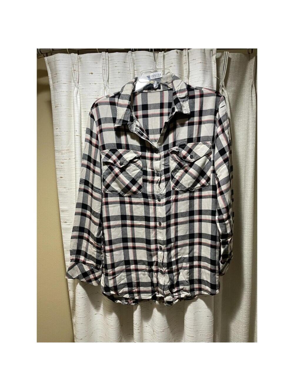 Women’s Sanctuary Plaid Long Sleeve Shirt Beige/ Black/ Red L Large Long Sleeve